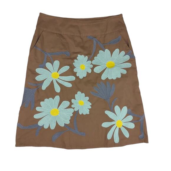BODEN Women's 6 Embroidered Blue Flower Brown Cotton Knee Length Skirt w Pockets - Picture 3 of 6